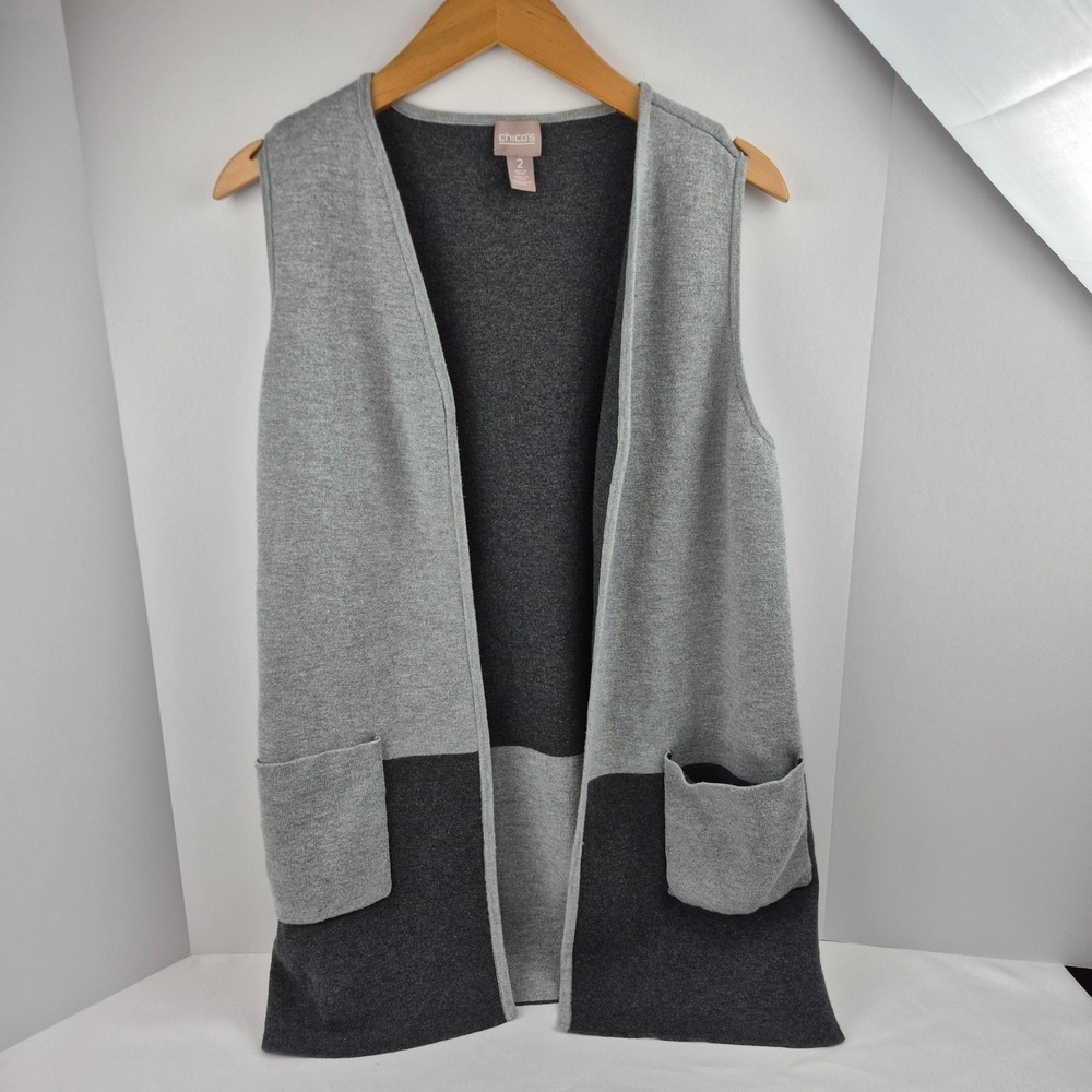 Chicos Colorblock Knit Vest Open Front Sleeveless Pockets Black Gray Womens 2